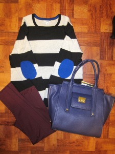 Casual: Old Navy striped sweater with blue elbow patches, Target burgundy leggings & Phillip Lim tote