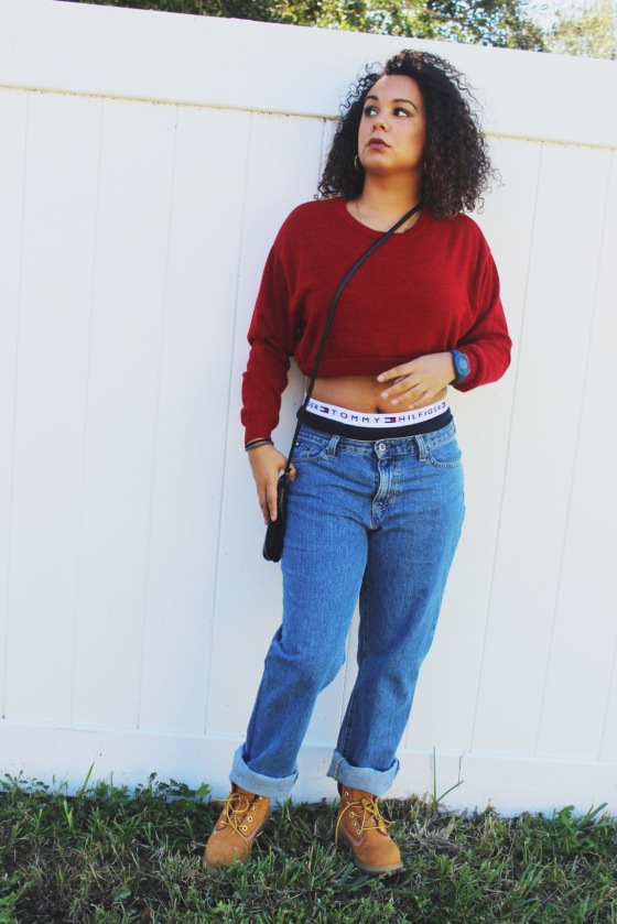 tommy hilfiger, aaliayh, fall, boyfriend jeans, curly hair, timbs, wheat, timberlands, 90's,fashion